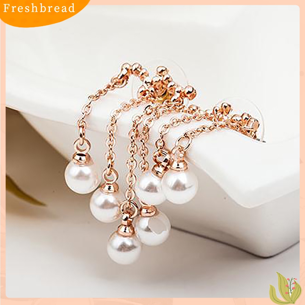 &lt; Freshbread &gt; Pesta Elegan Wanita Triple Rumbai Mutiara Imitasi Menjuntai Panjang Stud Earrings Jewelry