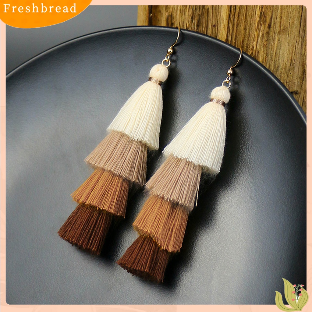 &lt; Freshbread &gt; 1pasang Anting Menarik Gaya Bohemia Ultra Panjang 4lapis Rumbai Fringe Menjuntai Anting Untuk Wanita