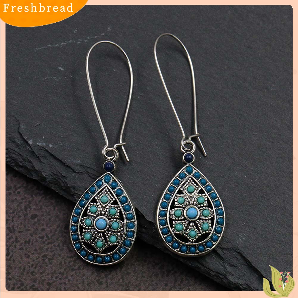 &lt; Freshbread &gt; Bohemian Wanita Manik-Manik Faux Turquoise Hias Hollow Teardrop Menjuntai Kait Anting