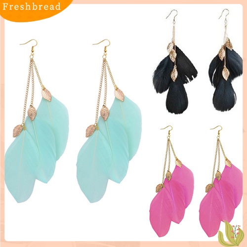 &lt; Freshbread &gt; Fashion Wanita Daun Bulu Buatan Tangan Panjang Drop Menjuntai Kait Eardrop Anting