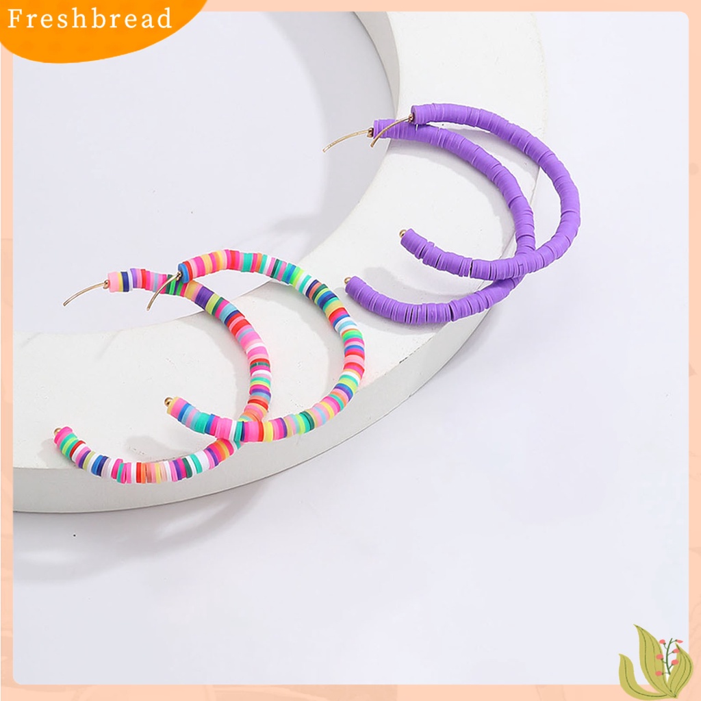 &lt; Freshbread &gt; 1pasang All-match Wanita Warna Pelangi Polymer Clay Bohemian Hoop Stud Earring Untuk Outdoor