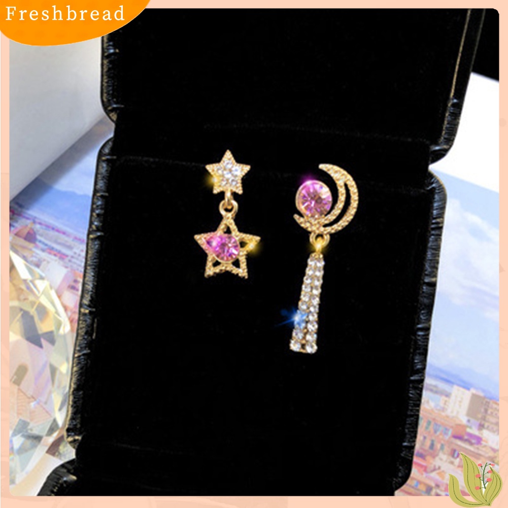 &lt; Freshbread &gt; Wanita Berlian Imitasi Bulan Bintang Asimetris Menjuntai Ear Stud Earrings Perhiasan Hadiah