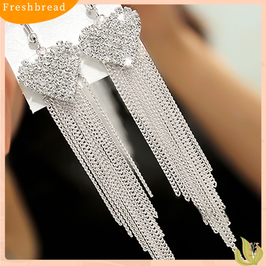 &lt; Freshbread &gt; Anting Linear Love Bentuk Hati Hias Berlian Imitasi Wanita Jumbai Panjang Menjuntai Kait Earrings Perhiasan Untuk Pesta