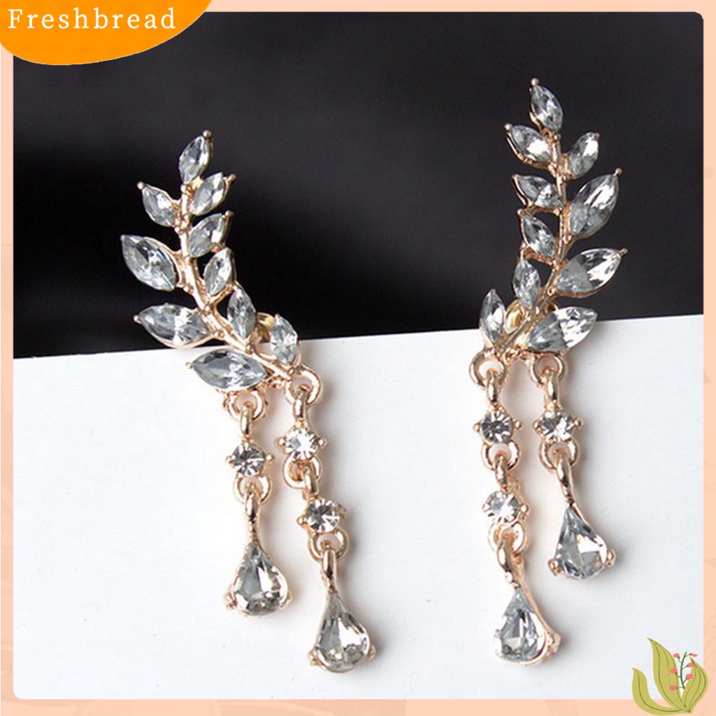 &lt; Freshbread &gt; Ear Studs Leaf Wanita Elegan Berlian Imitasi Drop Ear Manset Earrings Untuk Pacaran