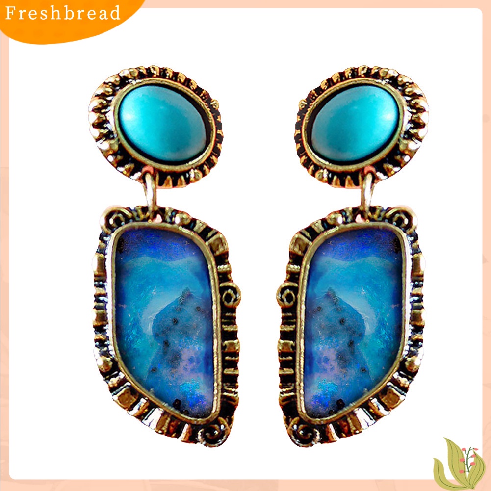 &lt; Freshbread &gt; Vintage Wanita Faux Turquoise Hias Geometris Menjuntai Telinga Stud Anting Perhiasan