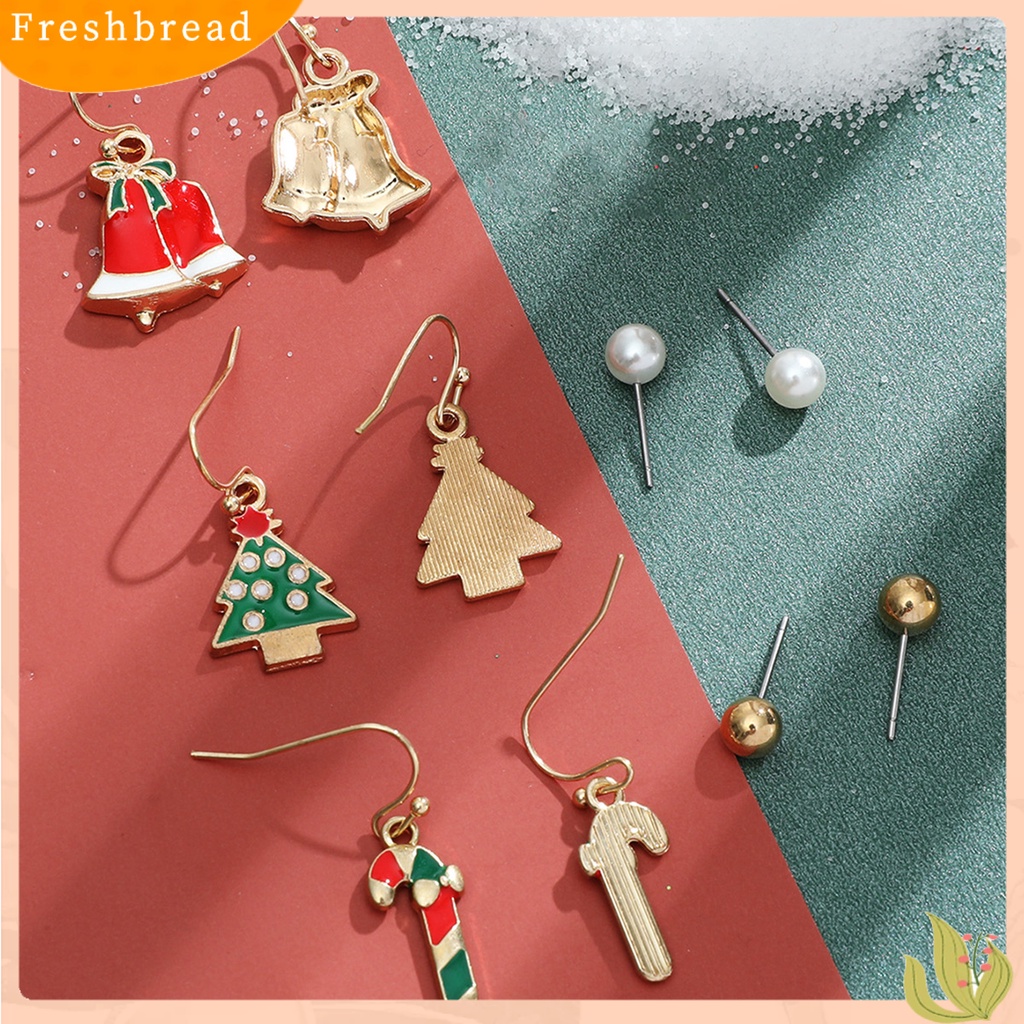 &lt; Freshbread &gt; 6pasang/Set Anting Natal Meriah Enamel Geometris Mengkilap Electroplating Dekorasi Perhiasan Hadiah Pohon Xmas Elk Snowman Santa Claus Ear Studs Menjuntai Anting