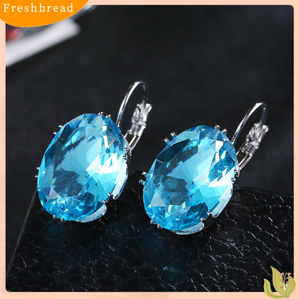 &lt; Freshbread &gt; Wanita Elegan Oval Batu Permata Imitasi Hias Menjuntai Leverback Earrings Perhiasan Hadiah