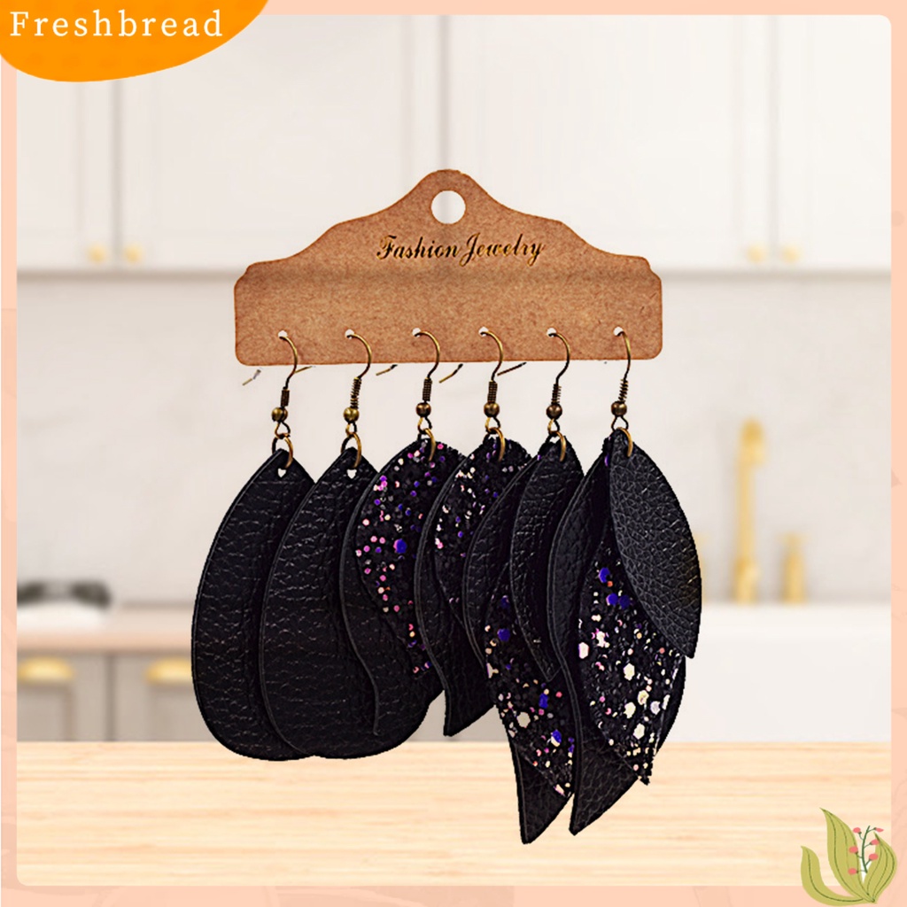 < Freshbread > 3pasang Anting Daun Shuning Juntai Bahan Kulit Imitasi Wanita Eardrops Untuk Pernikahan