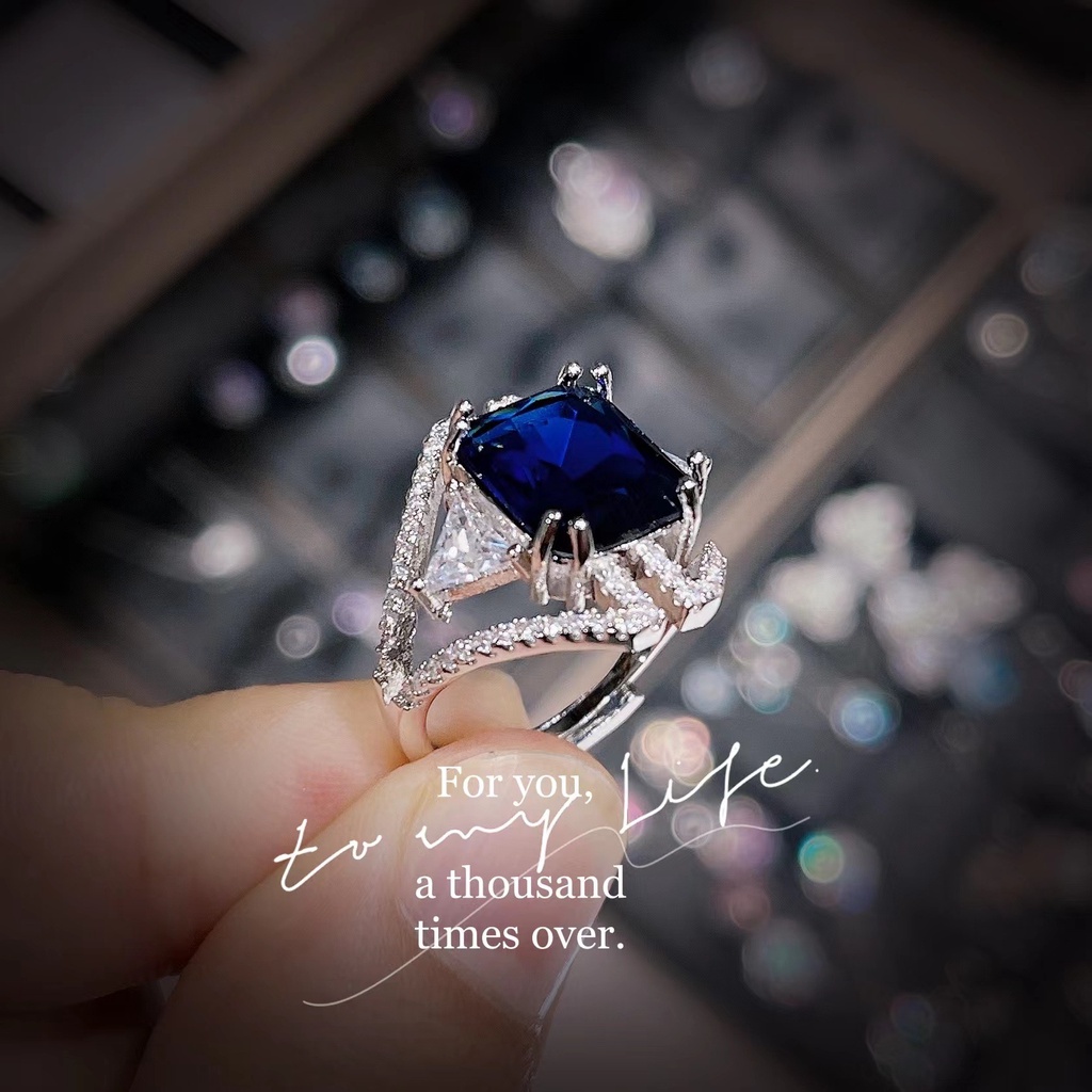 Goldkingdom Aksesoris Perhiasan Fashion Ready Stock Angin Dingin Warna Harta Karun Rasa Cincin Mewah Wanita Serbaguna Putri Persegi Berlian