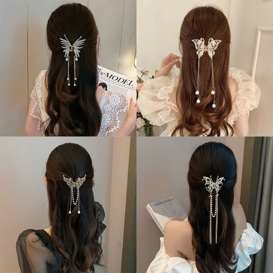 Korea Alloy Kupu-Kupu Mutiara Berlian Imitasi Jepit Rambut Hair Claw Kristal Rumbai Bunga Hair Clip Woman Aksesoris Rambut