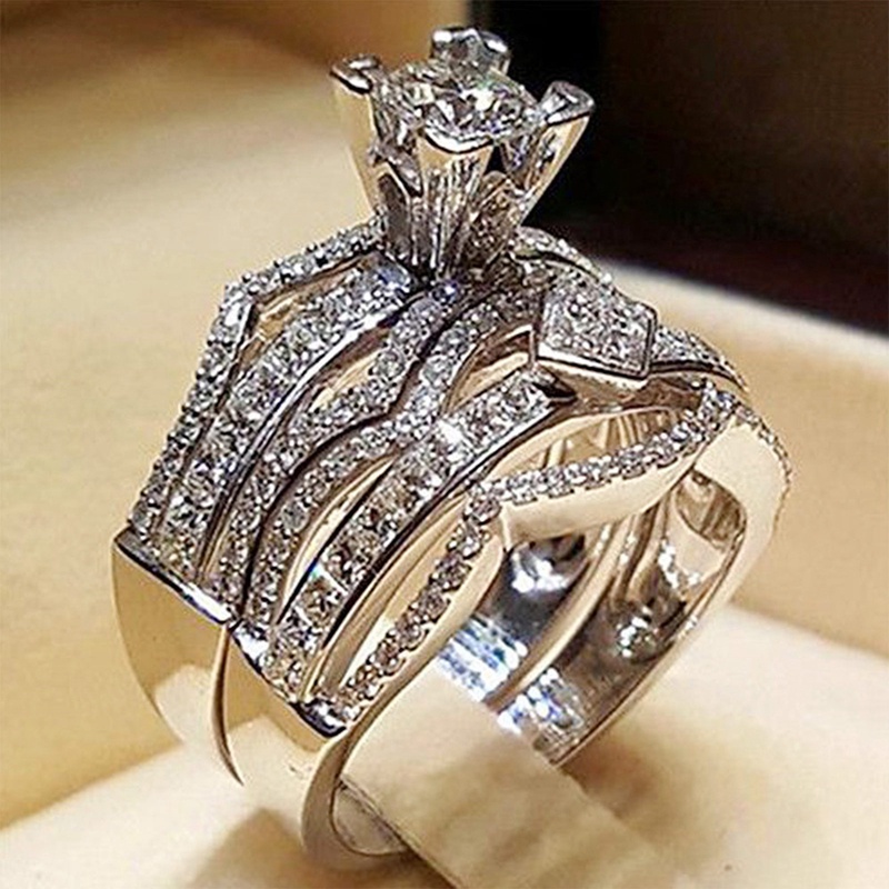 Mewah Fashion Cocok Set Cincin Wanita Untuk Pernikahan Bertatahkan Briliant Cubic Zirconia Mewah 2 Pcs Pertunangan Band Perhiasan