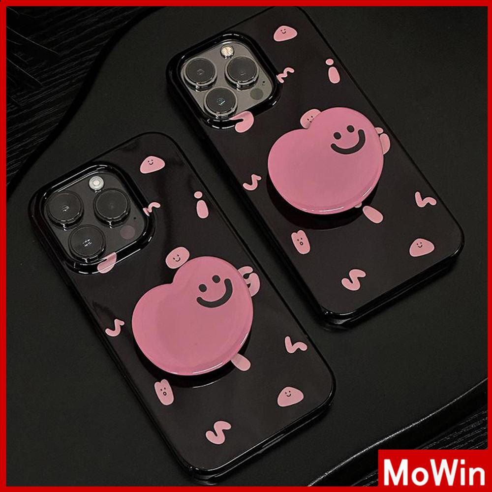 For iPhone 14 Pro Max iPhone Case Grip Stand Smile Face Folding Holder Black Glossy TPU Soft Case Pink Letters Compatible with iPhone 13 Pro max 12 Pro Max 11 xr xs max 7Plus 8Plus