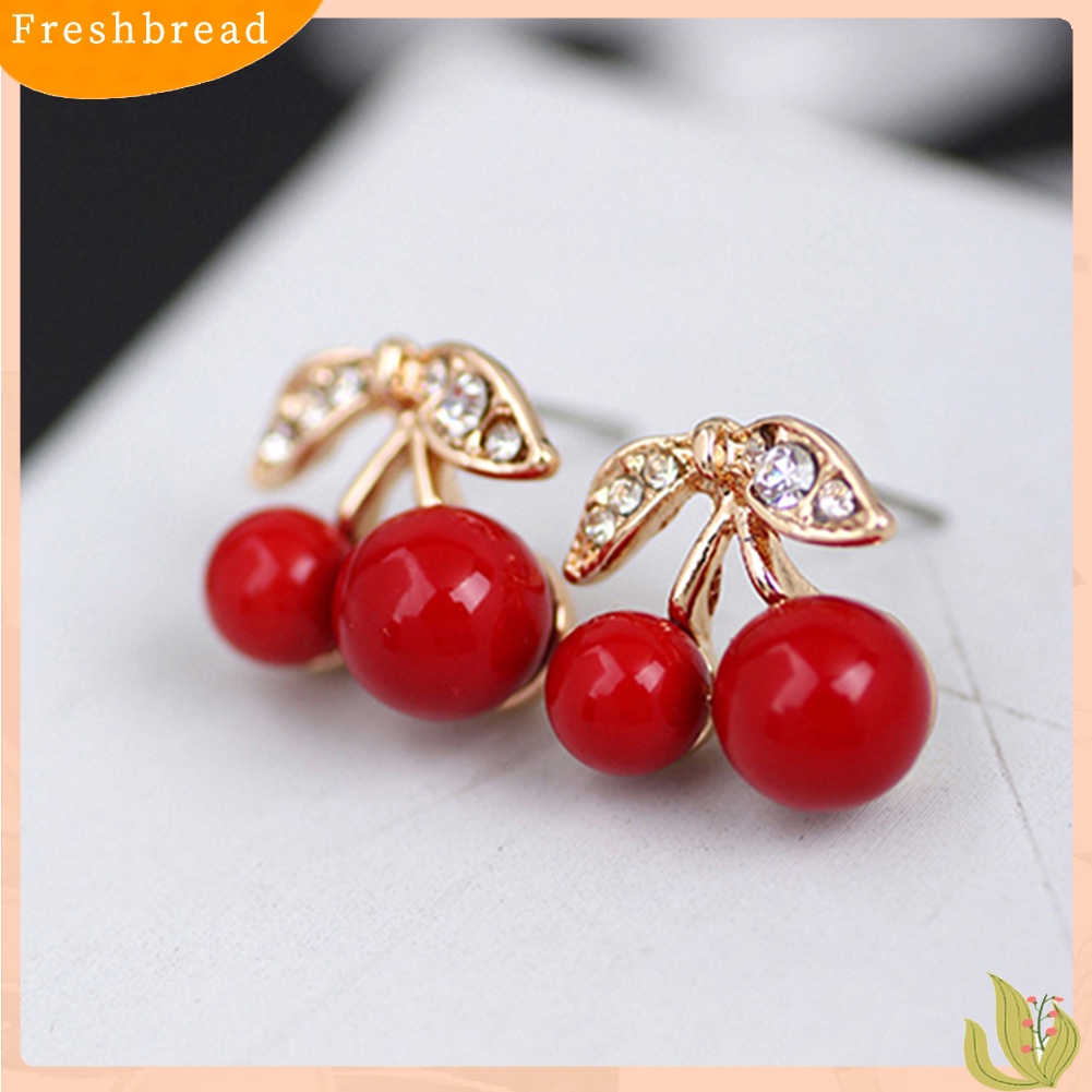 {In Stock} Wanita Merah Cherry Bening Berlian Imitasi Telinga Studs Beads Golden Alloy Leaves Earrings