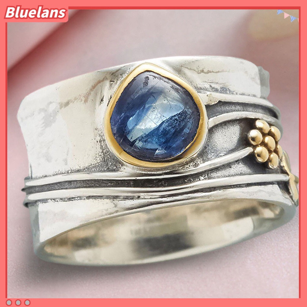 {In Stock} Cincin Vintage Two-tone Sederhana Statement Biru Permata Imitasi Daun Bunga Jari Cincin Perhiasan Aksesoris