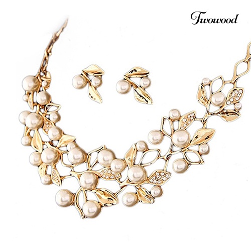 Twowood Elegan Bridal Faux Pearl Leaves Choker Kalung Stud Earrings Set Perhiasan