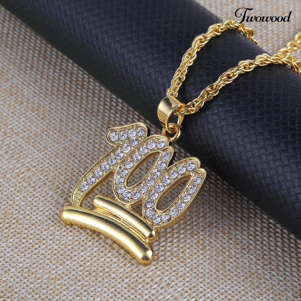 Twowood Pria Hip Hop Twist Rantai Berlian Imitasi Nomor100 Liontin Kalung Street Jewelry