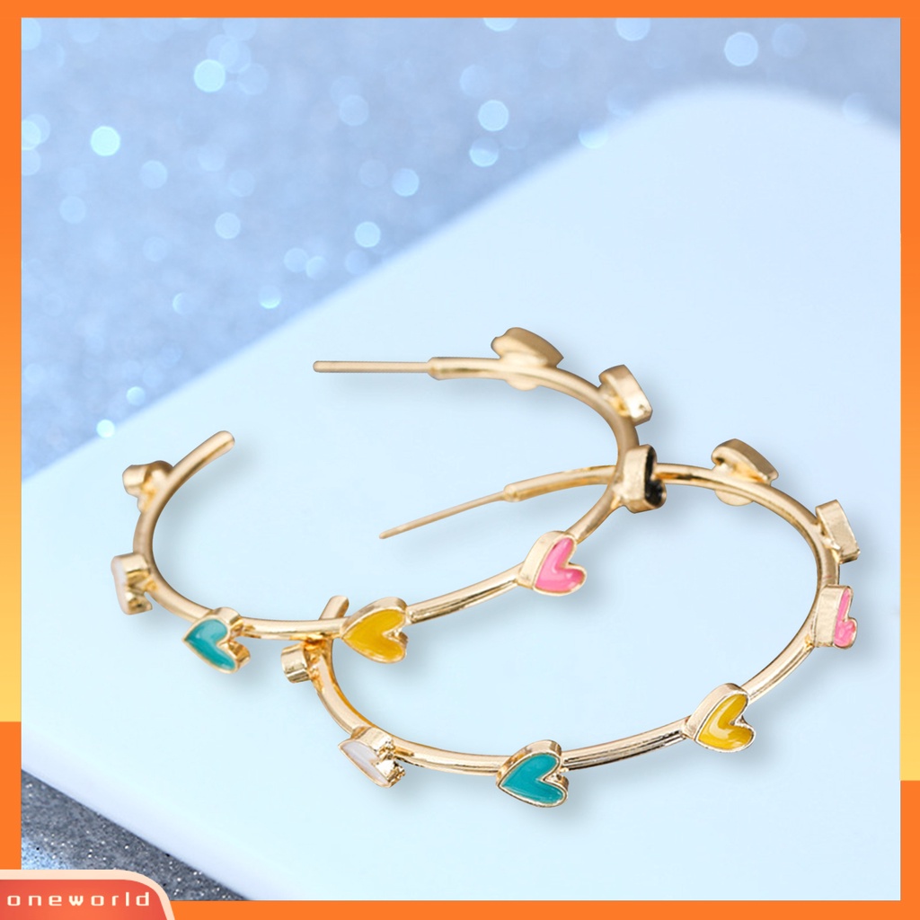 [OWR] 1pasang Anting Hoop Berbentuk C Geometris Hypoallergenic Warna-Warni Berbentuk Hati Stud Earrings Fashion Perhiasan