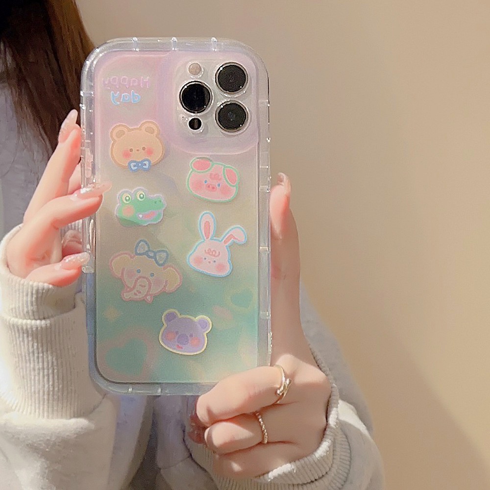 IPHONE Cute Pig Rabbit Frog Bear Dengan Gradasi Warna Casing Transparan Untuk Iphone14 11 12 13 PRO MAX Casing Cover Pelindung AT0141