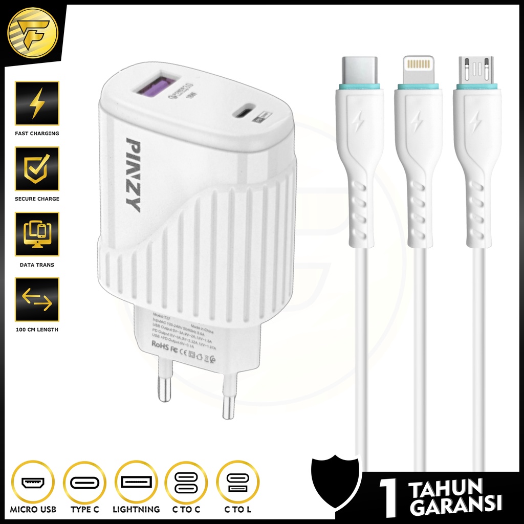 PINZY T37 Charger QC3.0+PD 20W Fast Charging kabel data Lightning Type C Micro USB cas universal HP Android original