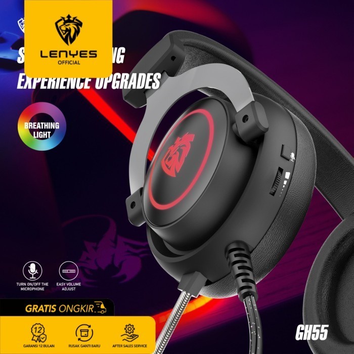 Lenyes GH55 Stereo Gaming Headset Headphones RGB Deep Bass Original earphone music musik gamer