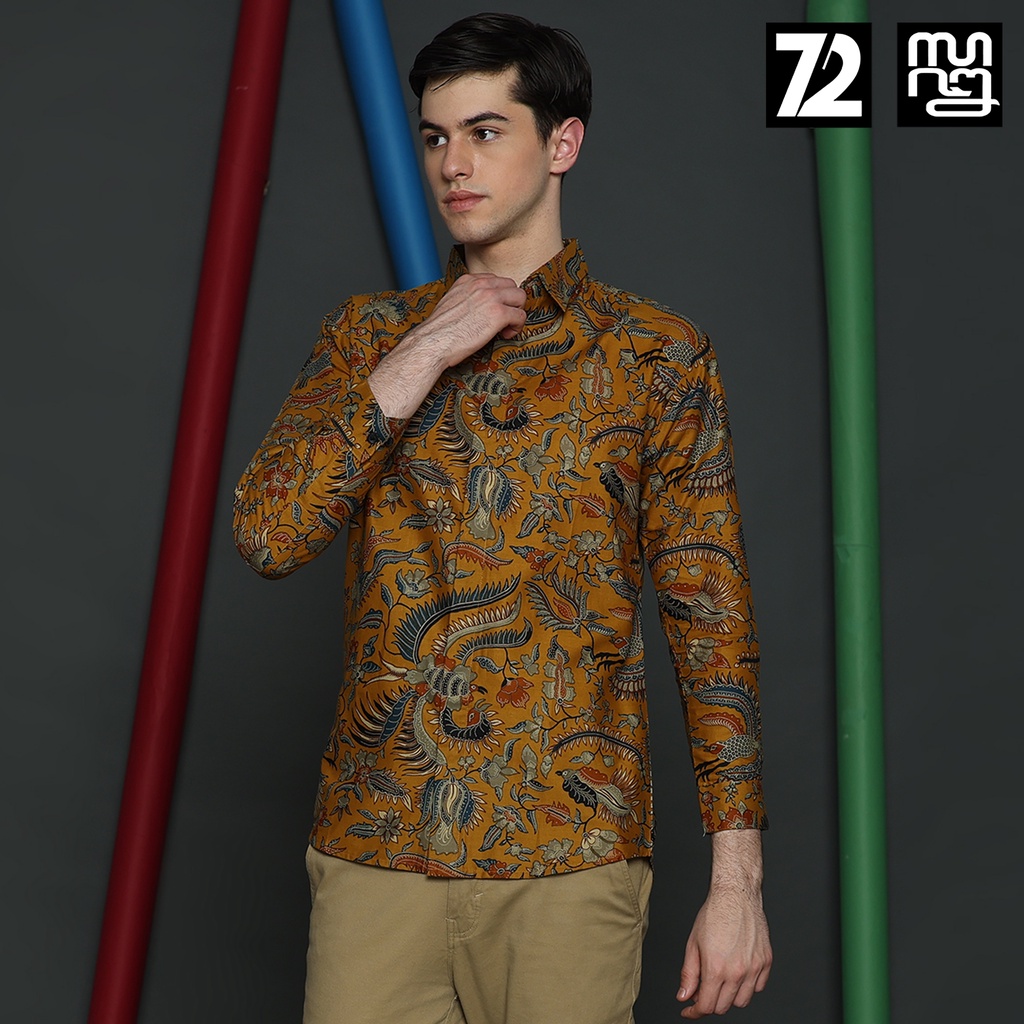 KEMEJA BATIK PRIA Katun Lengan Panjang Slimfit Motif Burung Duri Warna Kuning 723413 Cap 72 - Baju Kemeja Atasan Pakaian Setelan Batik Pria Cowok Laki Laki Remaja Keluarga Kantor Lengan Panjang Modern Slimfit Slim Fit Premium Kekinian