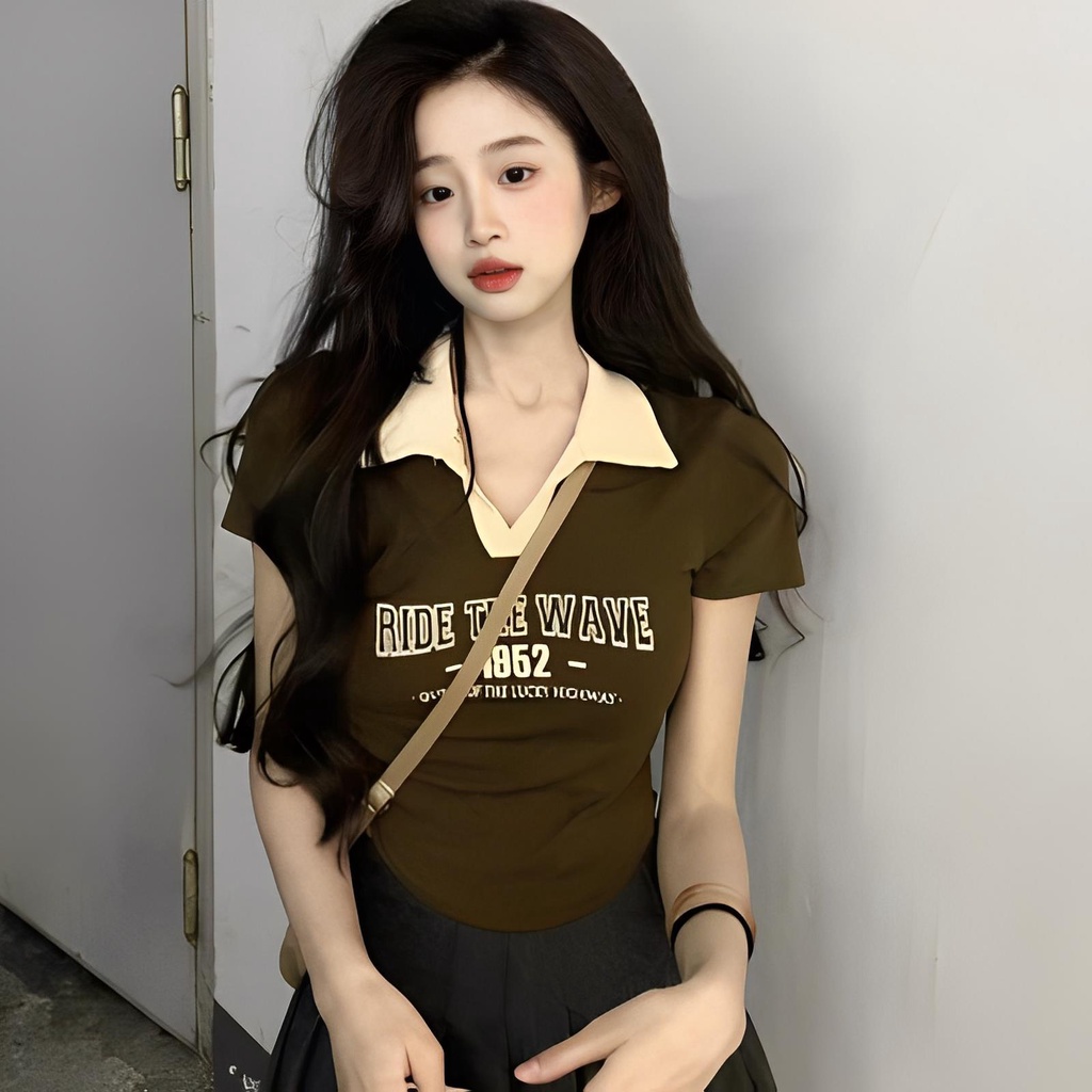 Red American retro warna kontras polo kerah katun lengan pendek t-shirt wanita musim panas kecil tidak teratur pendek hot girl top ins