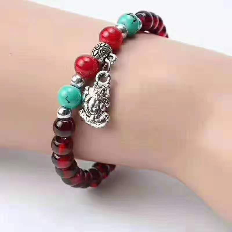 Retro Garnet Gelang Mensimulasikan Burgundy Bead Bracelet Fashion Unisex Pasangan Pixiu Pendant Bracelet