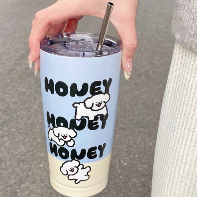 PREMIUM QUALITY TERMOS MOTIF PUPPY TULISAN HONEY / TUMBLR ESTETIK KOREA / BOTOL MINUM UNIK / CANGKIR MINUM KOPI BAHAN STAINLESS STELL 304 KAPASITAS 550ML DENGAN SEDOTAN / HONEY TUMBLR 550ML / TUMBLR KOPI TEH CUP STAINLESS