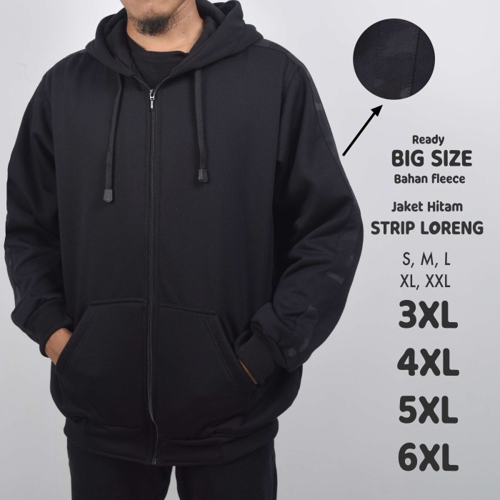 Jaket Hoodie Hitam Strip Loreng Pria Jumbo Big Size - Hitam, S