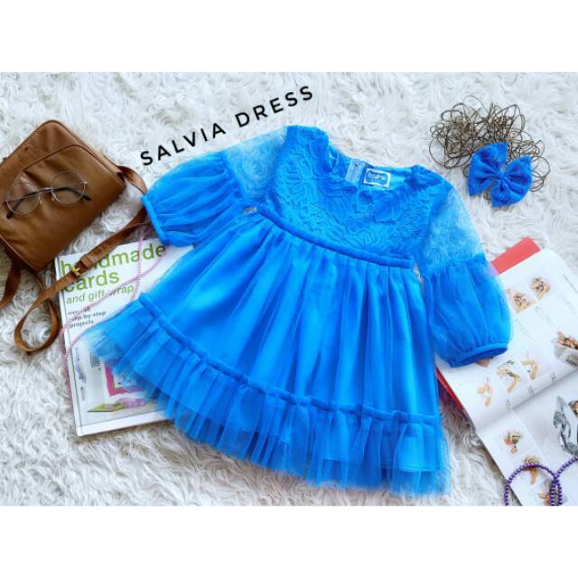 DRESS BROKAT MIX TILLE ANAK/ DRESS PESTA ANAK & DEWASA"'SALVIA"'  WARNA BIRU TURKIS