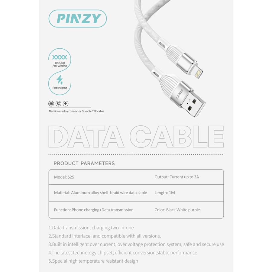 PINZY P-25 Kabel Data Fast Charging iphone Lightning android Type C Micro USB kabel cas charger HP original