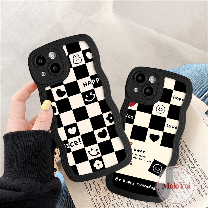 Chessboard Cute Bear Case Kompatibel Untuk iPhone 7Plus 11 14 13 12 Pro Max 14 6s 6 7 8 Plus XR X XS Max SE 2020 Wavy Edge Lembut Tpu Pasangan Smile Love Heart Cover