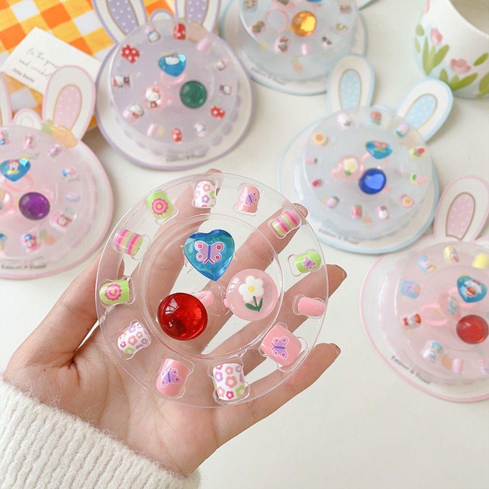 Mxbeauty Tempelan Kuku Dengan Cincin Lucu Cocok Untuk Anak-Anak Dengan Princess Ring Kuku Kelinci Kartun Anak Kuku Palsu