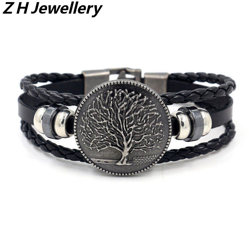 [Z H Perhiasan] Vintage Nordic Viking Rock Pohon Kehidupan Gelang Kulit Pria Dan Wanita Fashion Stainless Steel Multilayer Manik-Manik PU Gelang Punk Pesta Perhiasan Aksesoris