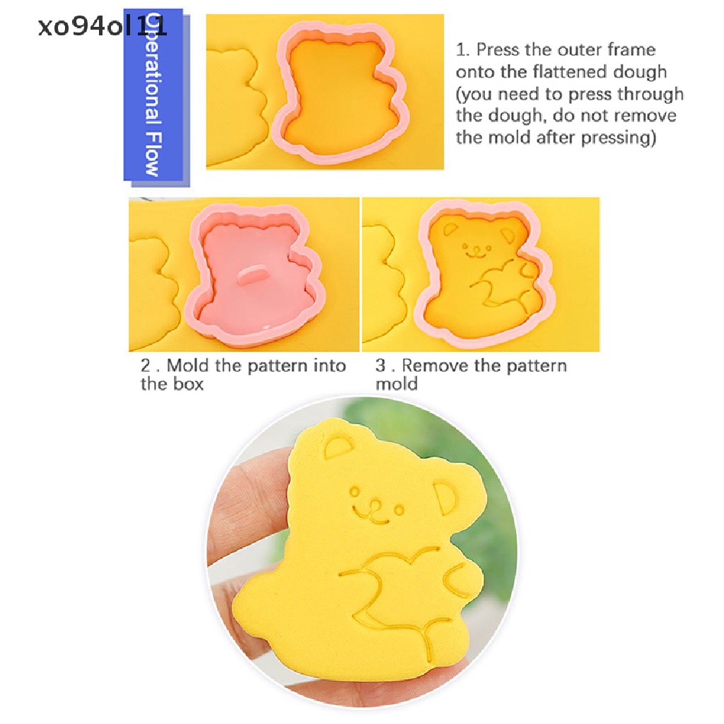 Xo 8PCS Pemotong Kue Kering Bentuk Beruang Plastik 3D Cookie Stamp Biskuit Pressable Mold OL