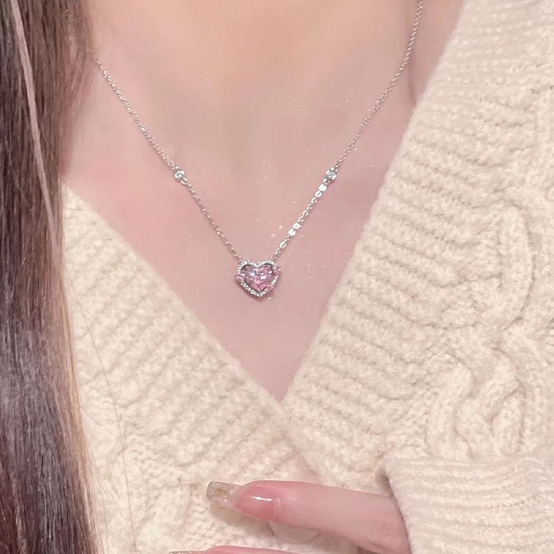 Kalung Liontin Hati Zirkon Pink Manis Choker Rantai Kristal Silver Untuk Aksesoris Perhiasan Wanita