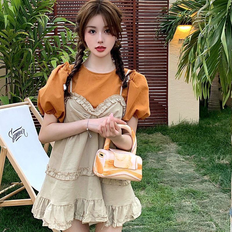 Red Gaun suspender pengurang usia retro untuk wanita musim panas setelan dua potong kecil rok a-line kasual rok pendek t-shirt atasan