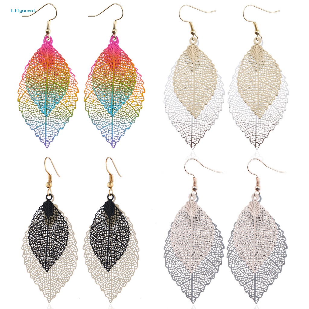 Lilyscent 1pasang Hadiah Ulang Tahun Anting Daun Pakaian Sehari-Hari Wanita Pesona Double-layer Leaf Drop Menjuntai Earrings Warna-Warni