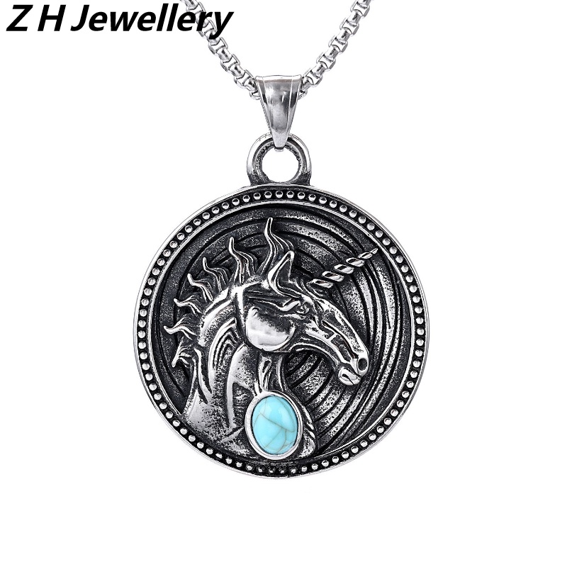 [Z H Perhiasan] Vintage Permata Unicorn Liontin Fashion Pria Anti Karat Kalung Liontin Hip Hop Pesta Baja Titanium Perhiasan Aksesoris