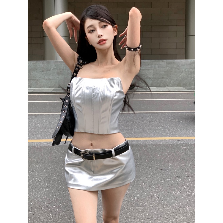 ▫Suhao hot girl tulang ikan tube top rompi wanita musim panas Perancis high-end setelan rok tas seksi pinggul rok dua potong set crop top sexy tank top wanita motif