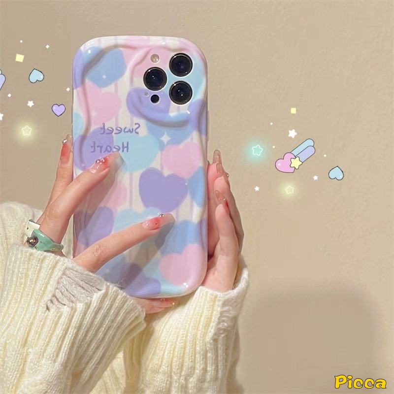 IPHONE 3d Wavy Curved Edge Shockproof Airbag Glossy Case Kompatibel Untuk Iphone7 8 6s 6 Plus 11 13 12 14 Pro Max XR X XS Max SE 2020 Ins Lukisan Cat Minyak Cinta Hati Lembut Tpu Cover