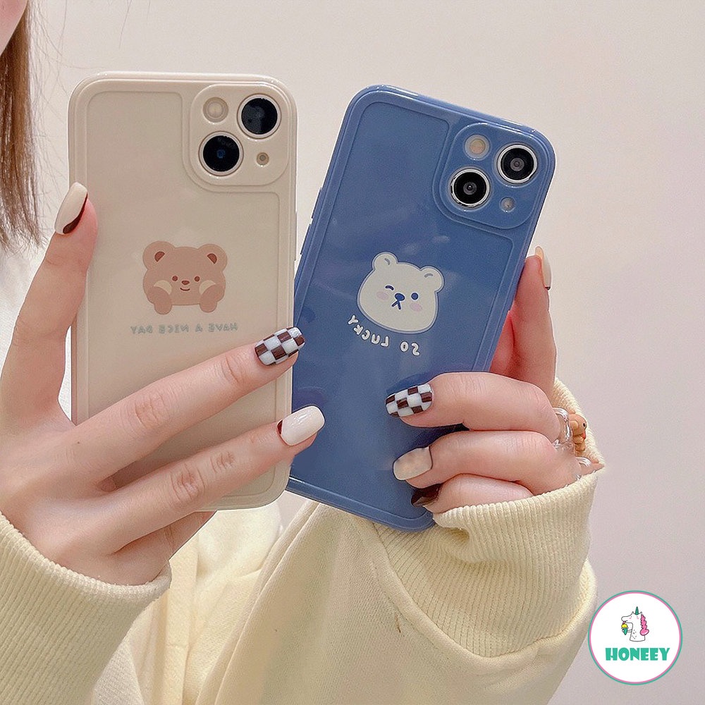 IPHONE Fashion Kartun Lucu Beruang Gadis Bingkai Foto Biru Lembut Shell Anti Jatuh Untuk Iphone11 12 13 pro Max XR Xs 78 Plus 12 11 pro 14plus Casing Ponsel