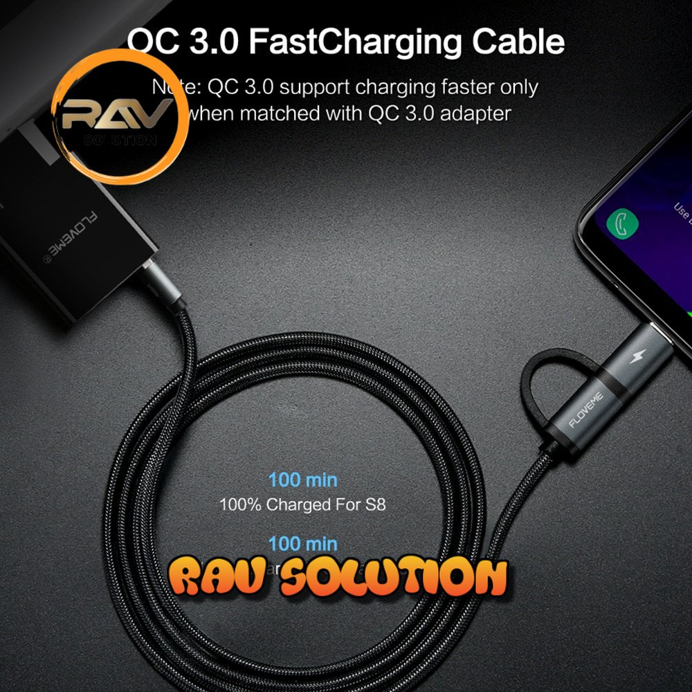 Floveme Kabel Charger 2 in 1 Micro USB + USB Type C QC3.0 2.8A 100cm - SET A RAV SOLUTION