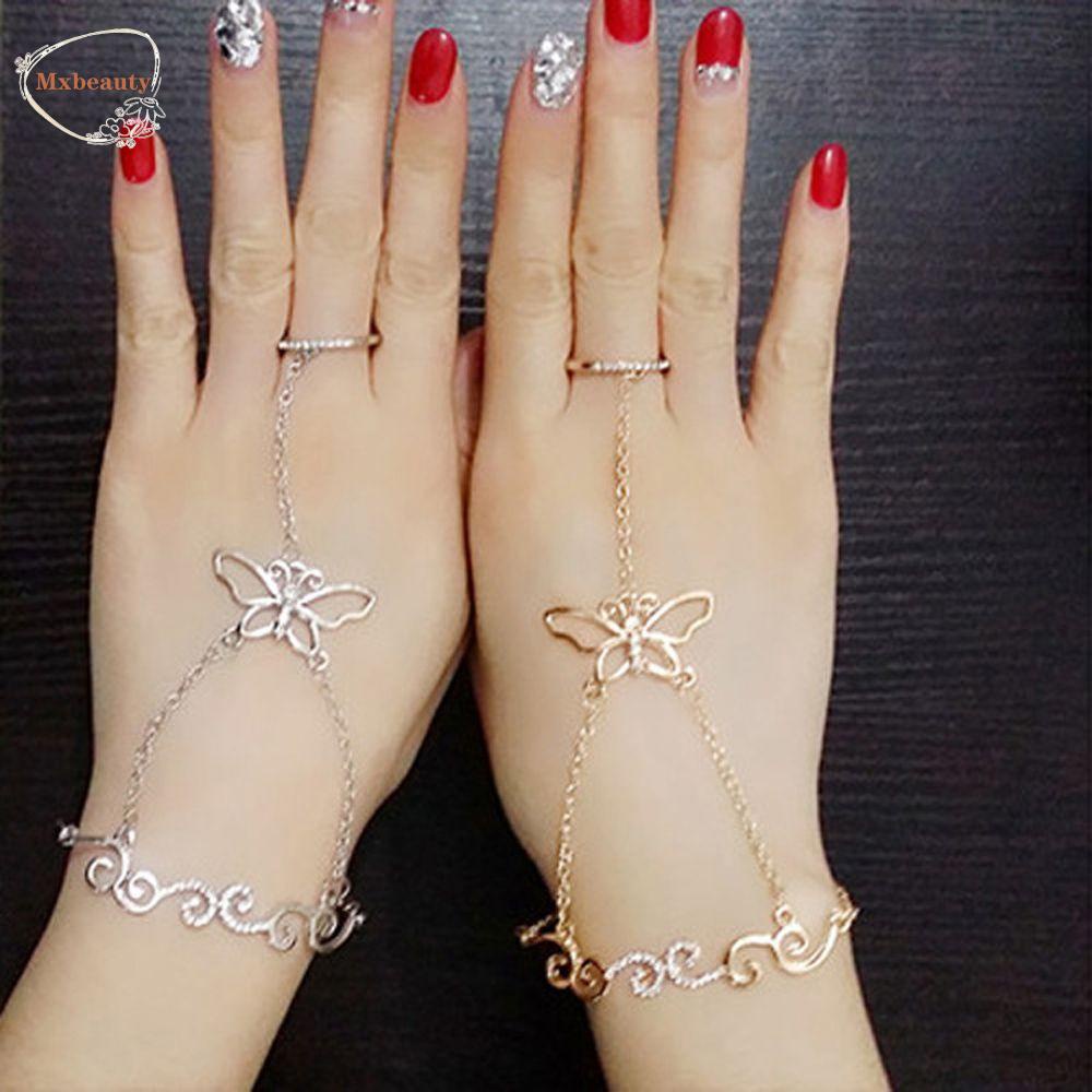 Mxbeauty Gelang Cincin Rantai Harness Desain Kupu-Kupu Aksen Kristal Warna-Warni Untuk Wanita