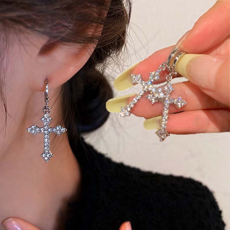 Anting Salib Zirkon Persegi Merah Muda Trendi Baru/Anting Drop Kepribadian Perempuan/Hadiah Perhiasan Pesona