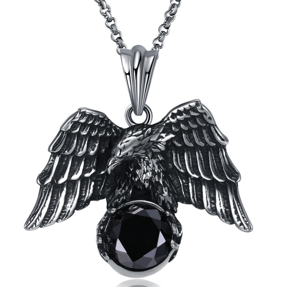 [X C Kalung] Wanita Hip Hop Punk Gothic Vintage Perak Kalung Eagle Ambil Permata Baja Titanium Liontin Rock Pesta Fashion Perhiasan