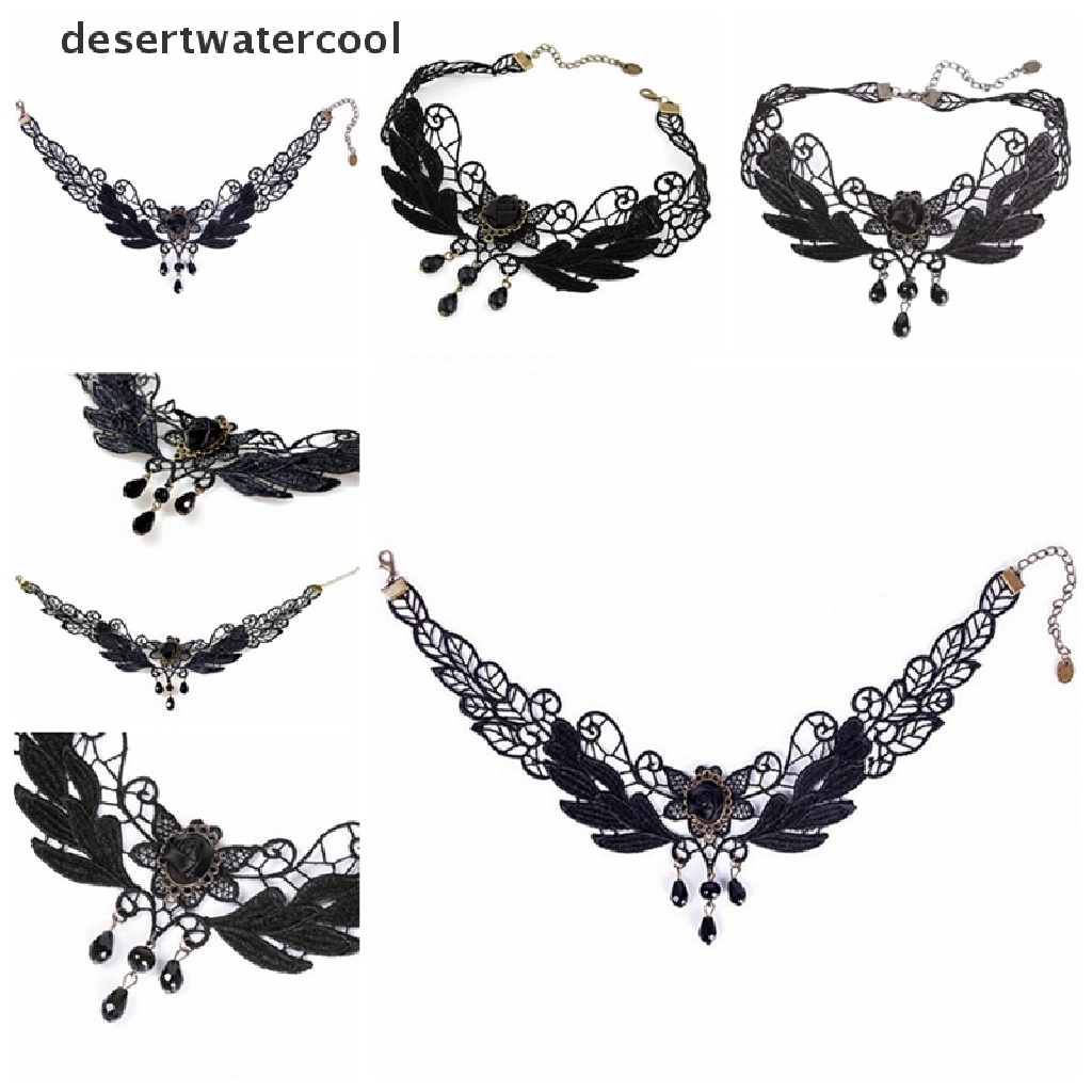 Deid Baru Wanita Hitam Mawar Teardrop Manik Liontin Renda Choker Lolita Kerah Kalung Martijn