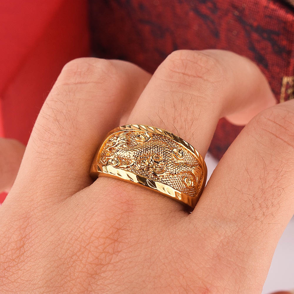 Goldkingdom Aksesoris Perhiasan Fashion Ready Stock Pasangan Berlapis Emas Pembukaan Naga Dan Phoenix Cincin Untuk Pria Dan Wanita Sampai Cincin Perhiasan Pernikahan.