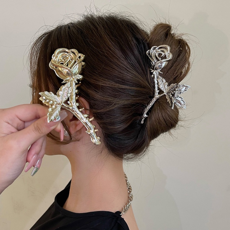 Woman Large Metal Rose Floral Leaf Hair Claw/Ladies Vintage Ponytail Hiu Klip/Aksesoris Rambut Fashion