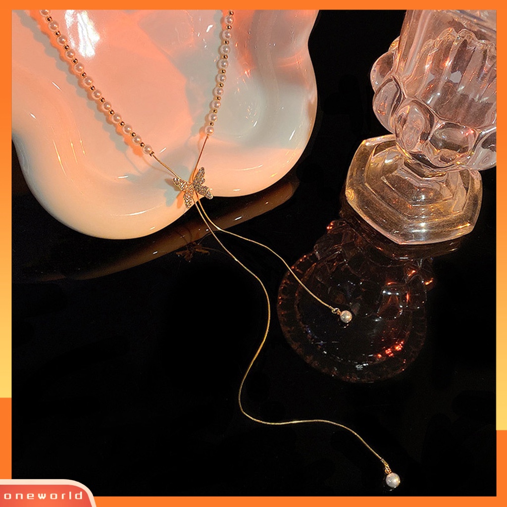 [ONE] Fashion Kalung Pengerjaan Halus Desain Rumbai Kupu-Kupu Eye-catching Finishing Terang Tidak Luntur Dekorasi Tahan Lama Wanita Mutiara Imitasi Kalung Perhiasan Aksesori